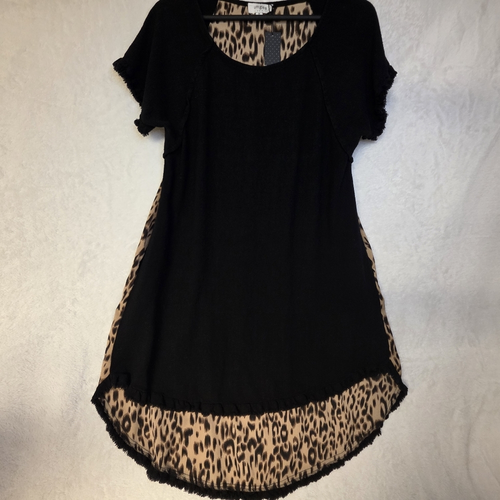 Cotton Linen Blend Black & Leopard Print Scoop Neck Fringe Midi Dress Size Mediu